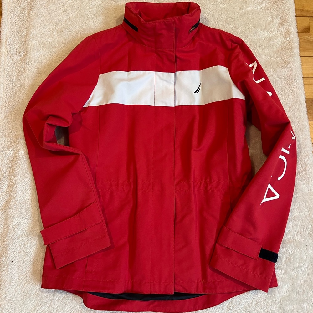 Nautica Red Rain Jacket with White Chest Stripe and Sleeve Logo